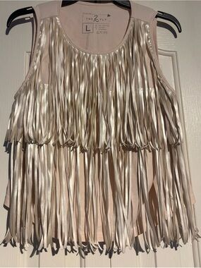 Two2Fly Cream flush Satin Fringe Tank Top